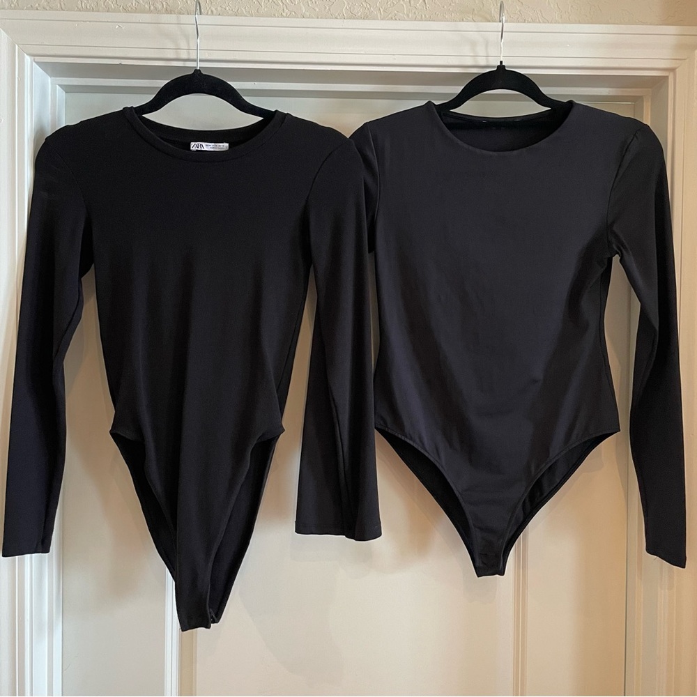 Set of 2 Long Sleeve Black Zara Bodysuits, Knit and Spandex feels (Size M)